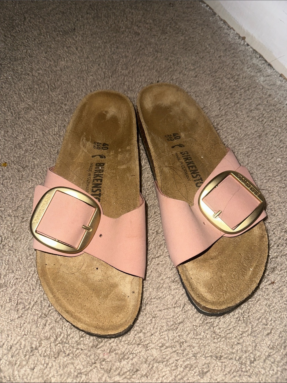 Birkenstock Madrid Big Buckle Slide - Light Pink with Gold Buckle sz 40